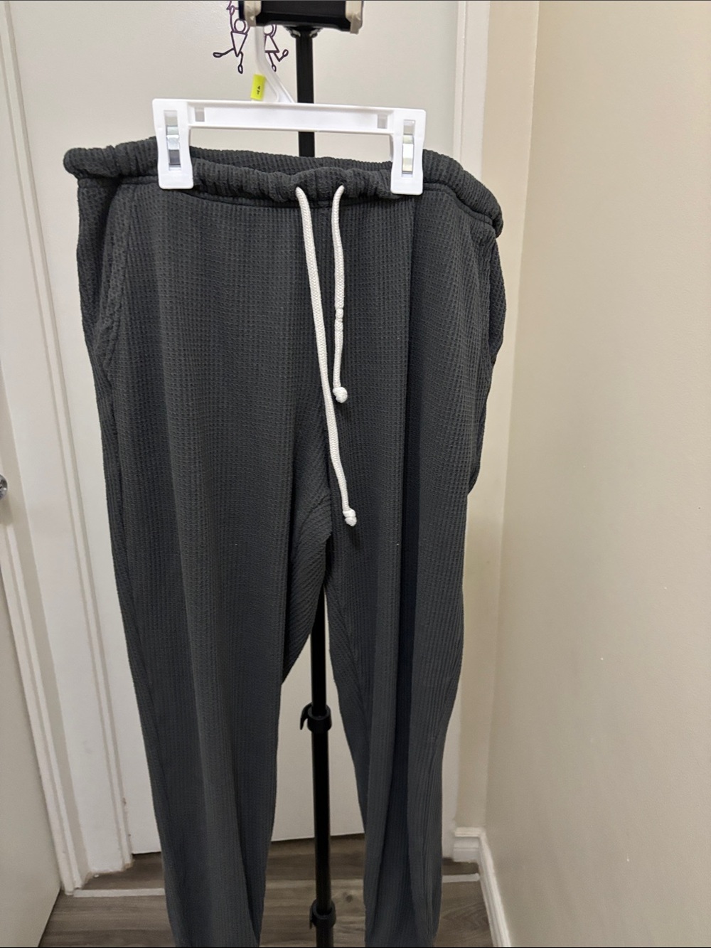 aerie Charcoal Waffle Knit Joggers with White Drawstring